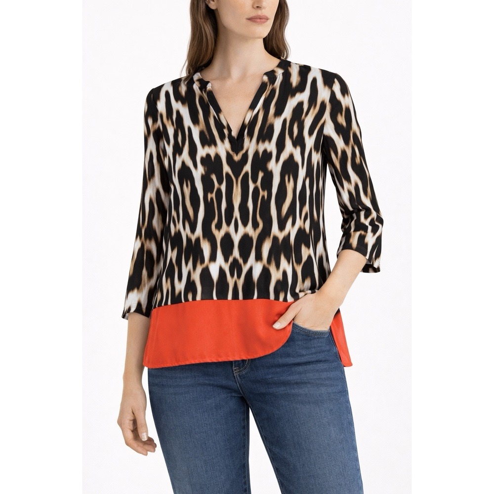 Chico's Blouse Women's 0 Small Brown Animal‎ Print Orange Hem Career Tunic Top